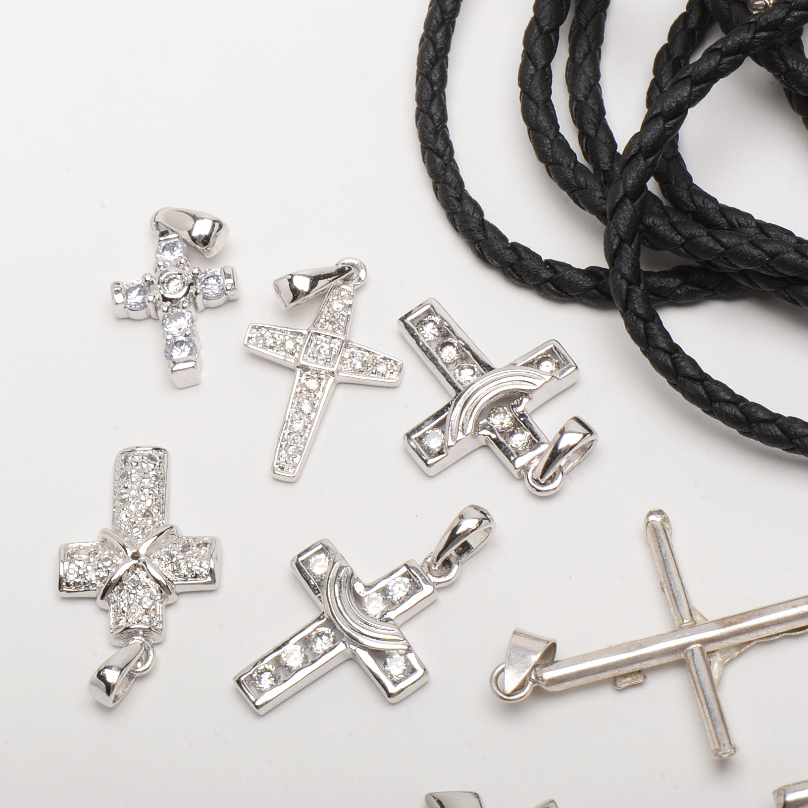 Sterling Silver Snake Chain and Cords With Cross Pendants