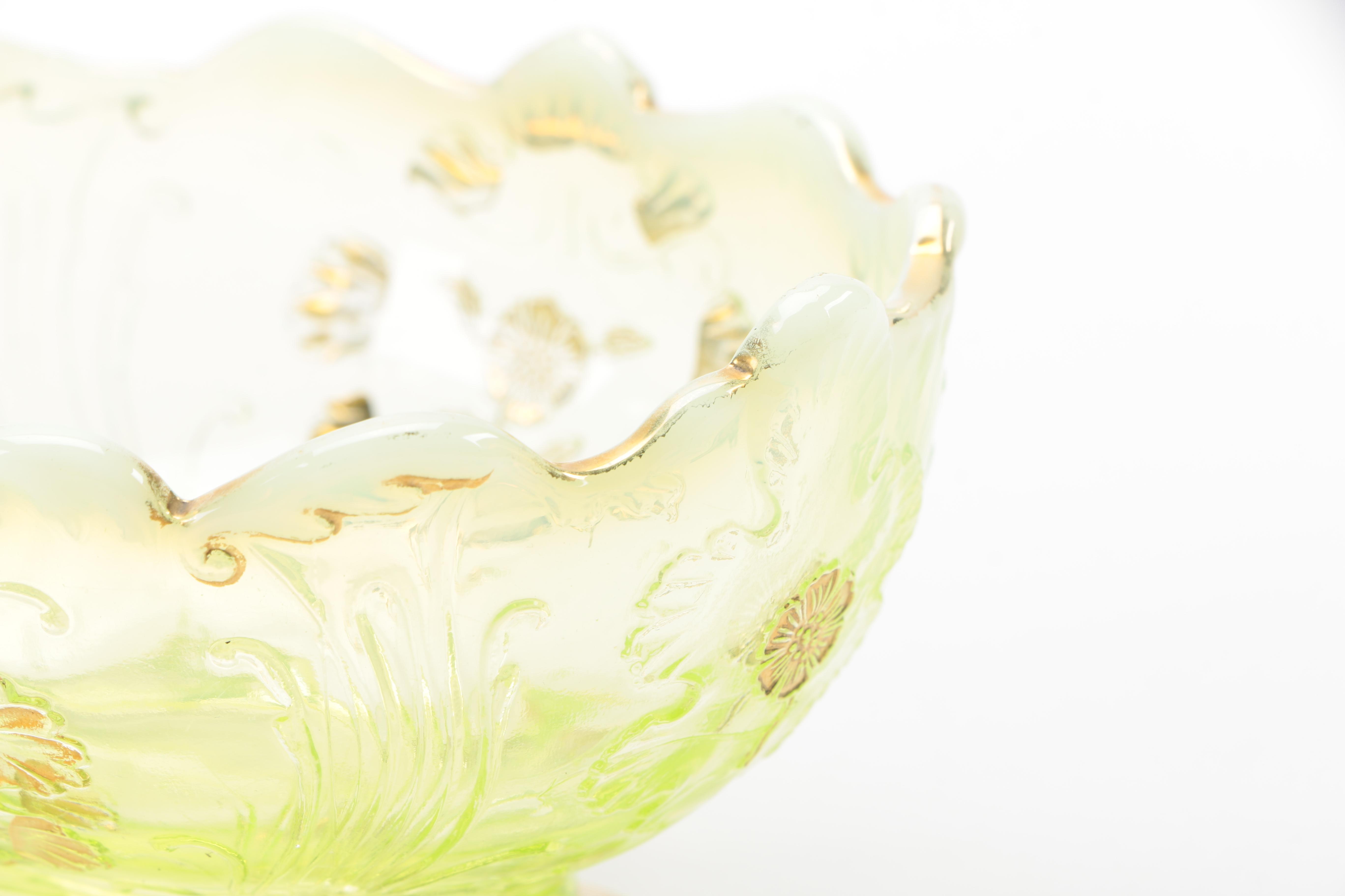 Set of Vintage Yellow Opalescent Bowls With Floral Pattern