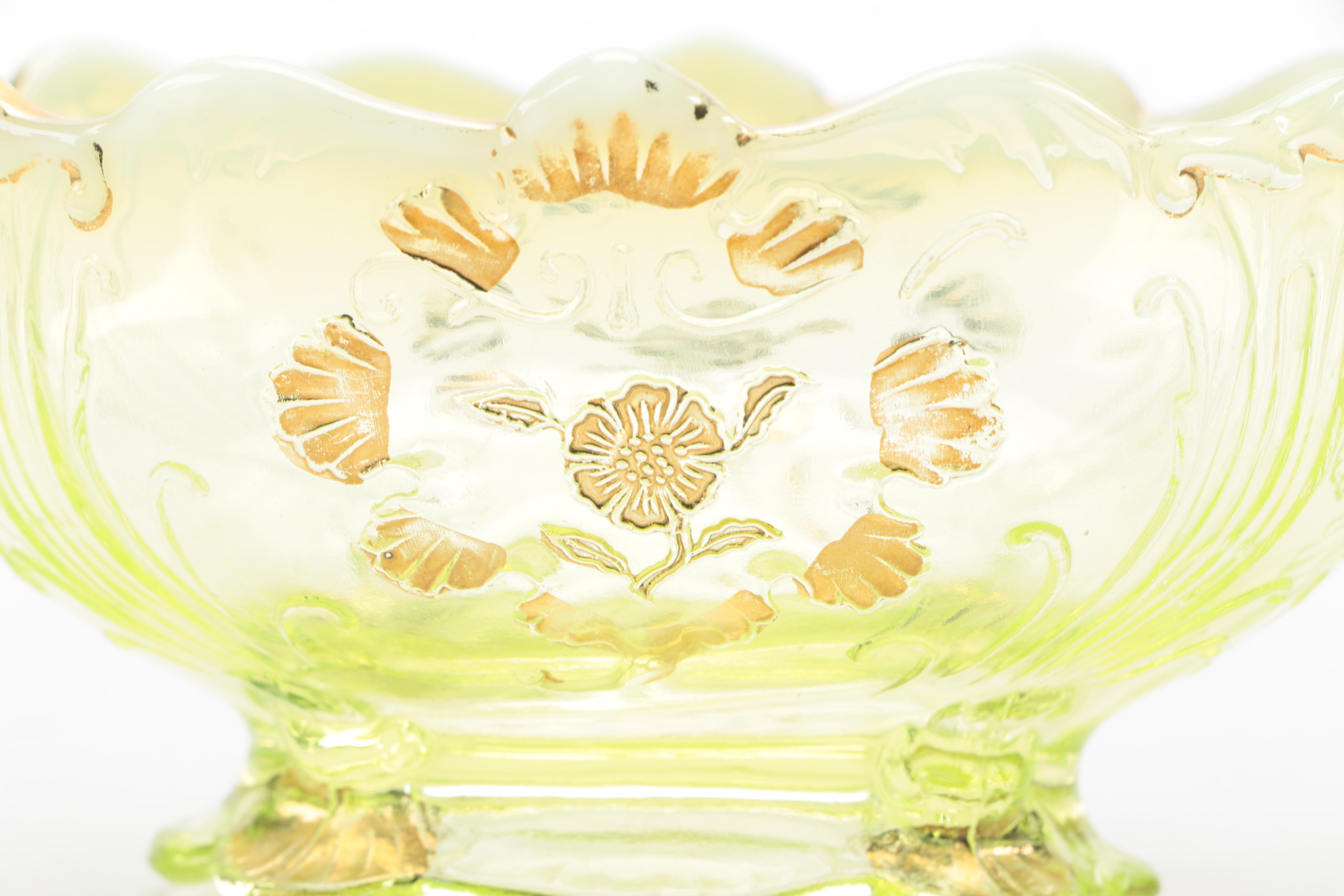 Set of Vintage Yellow Opalescent Bowls With Floral Pattern