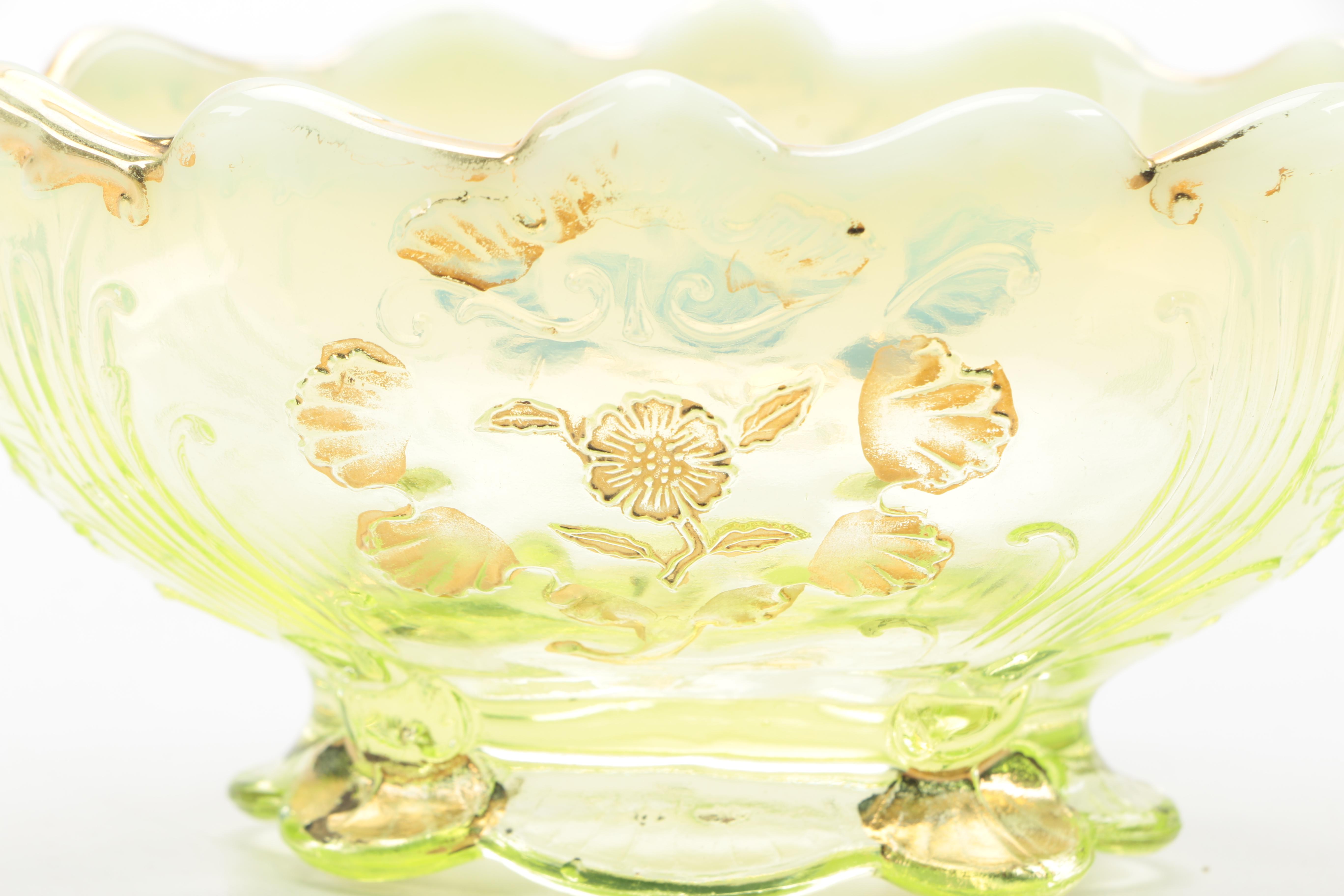 Set of Vintage Yellow Opalescent Bowls With Floral Pattern