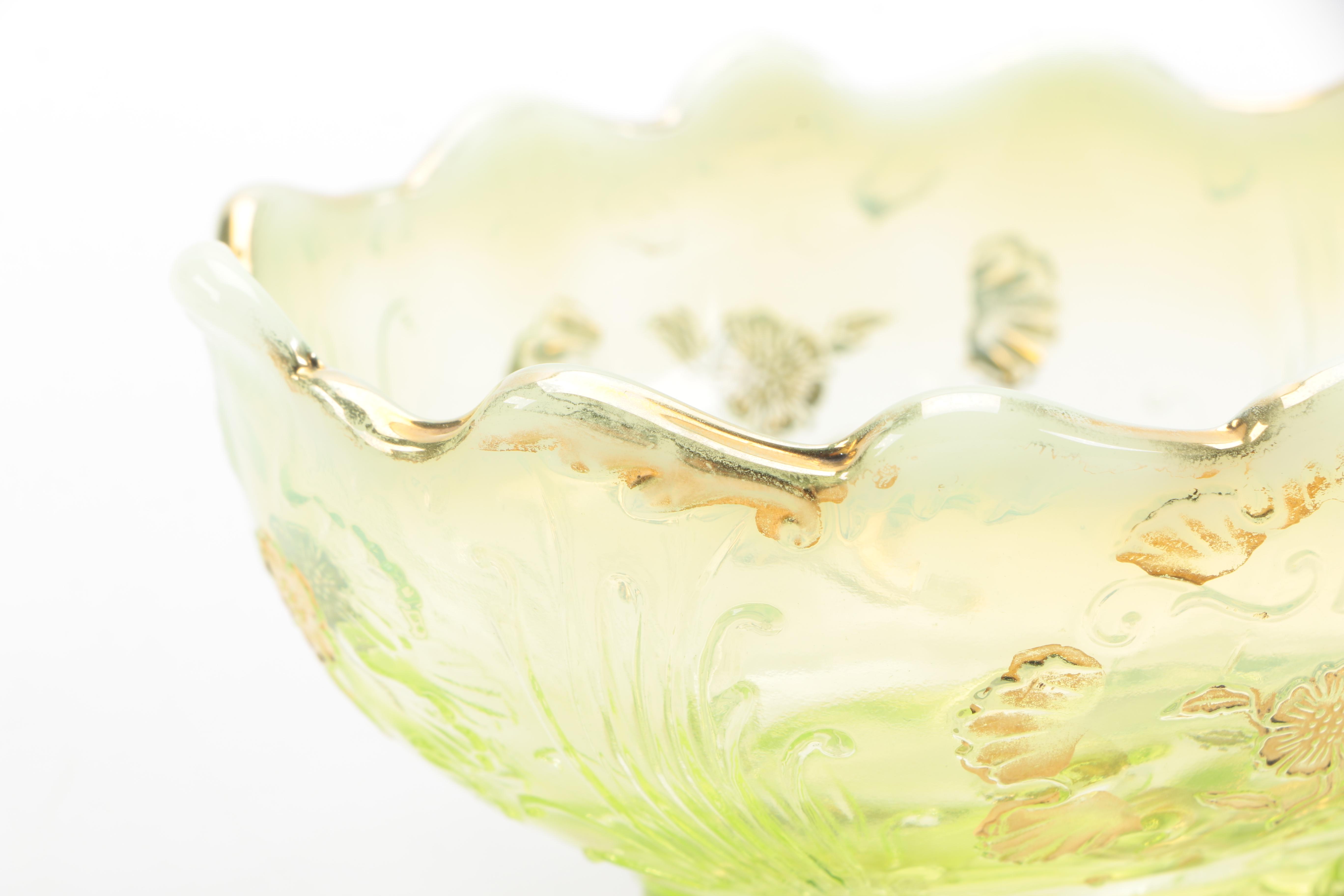 Set of Vintage Yellow Opalescent Bowls With Floral Pattern