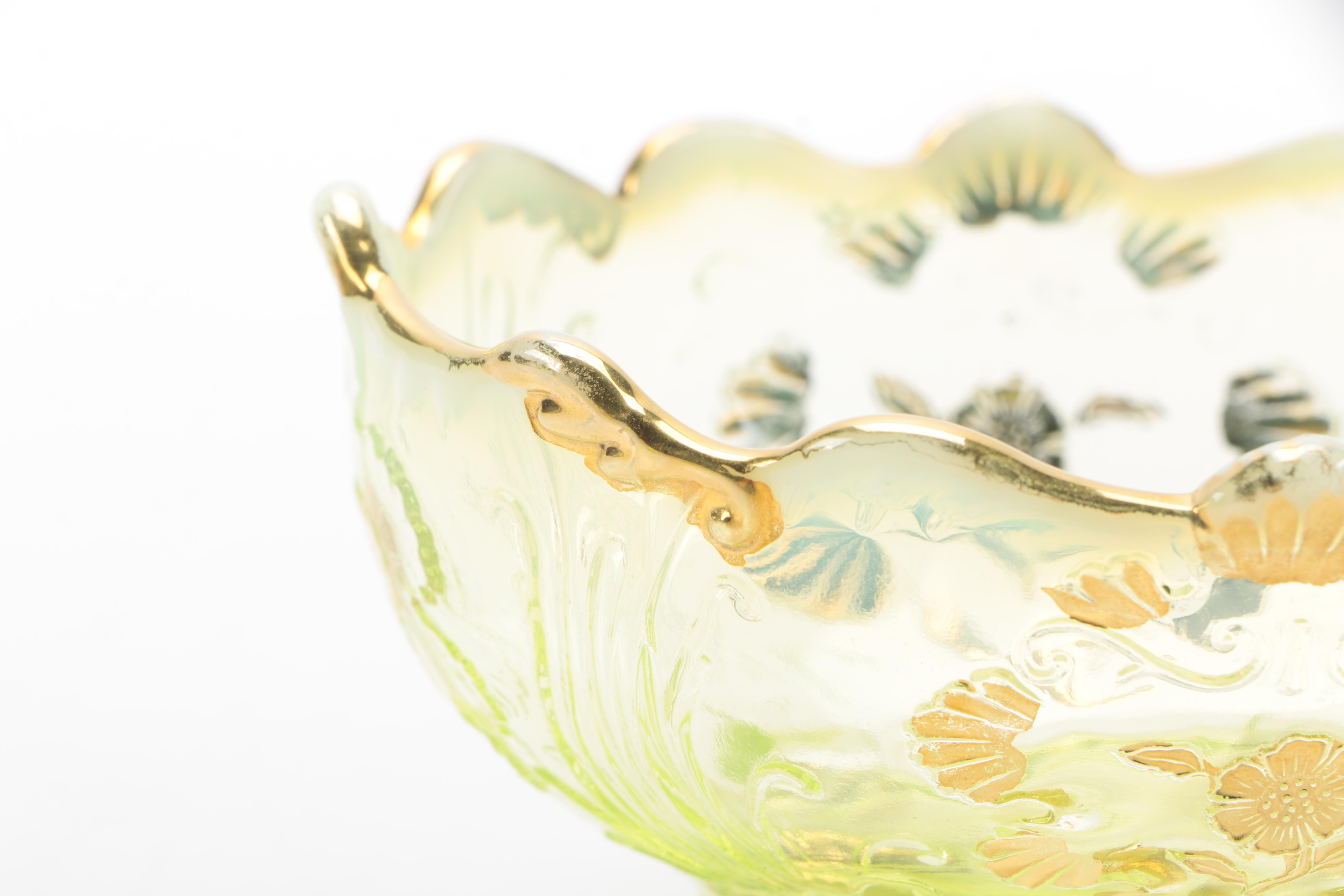 Set of Vintage Yellow Opalescent Bowls With Floral Pattern