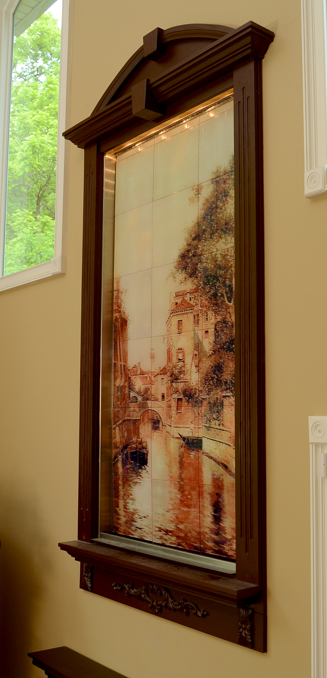 Framed Enameled Glass Wall Fountain
