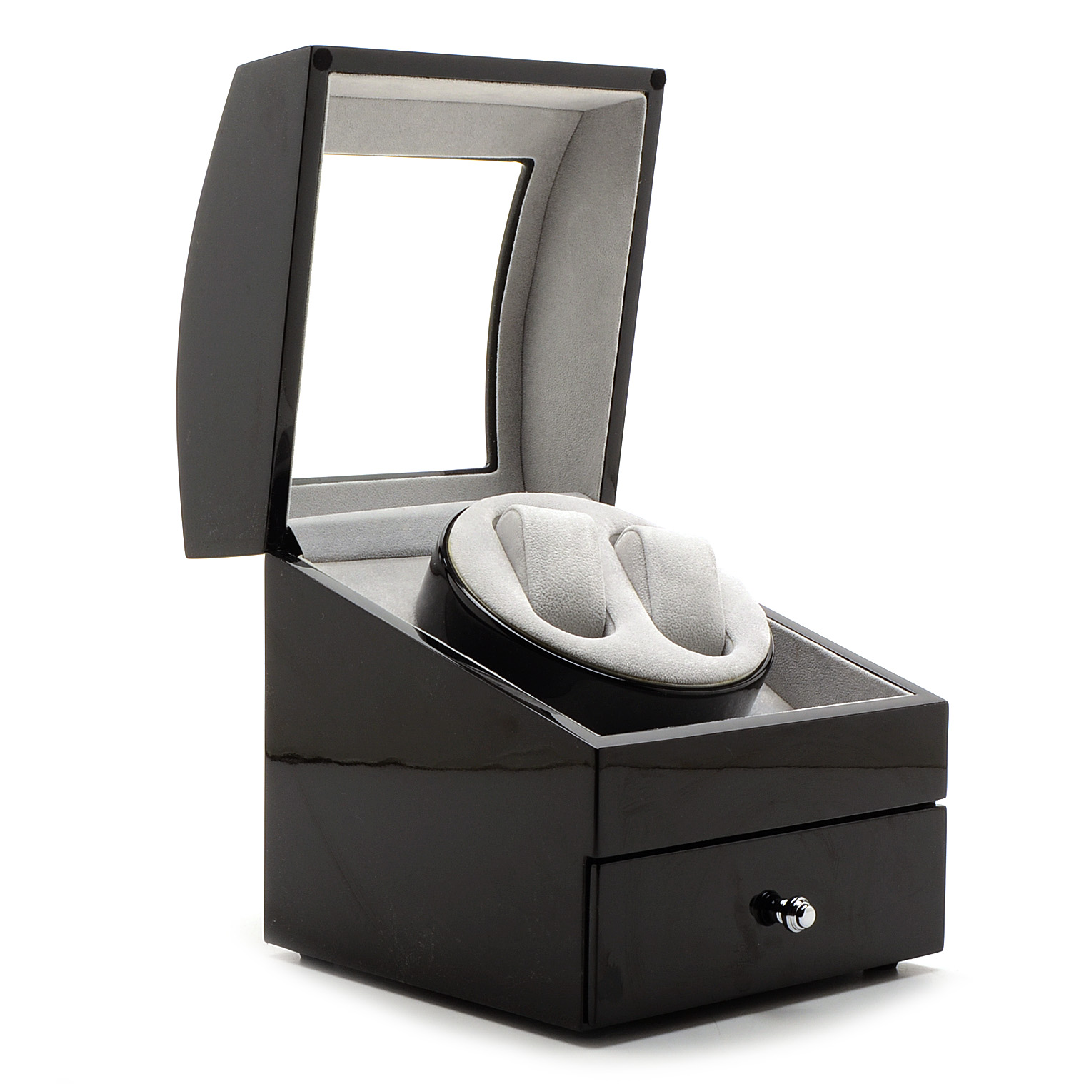 High Gloss Black Finish Dual Watch Winder With Drawer
