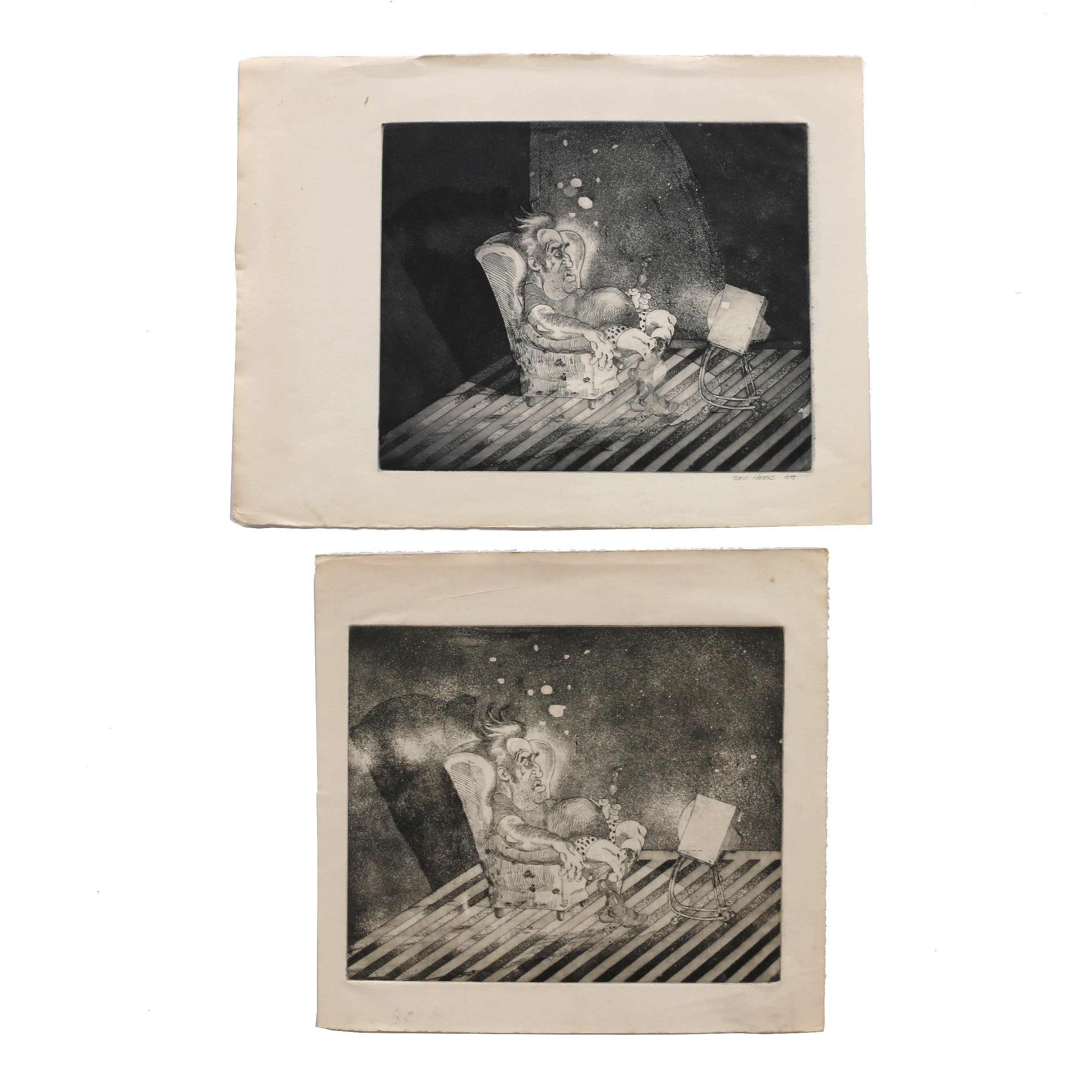 Steve Haefele Aquatints of a Man Watching Television