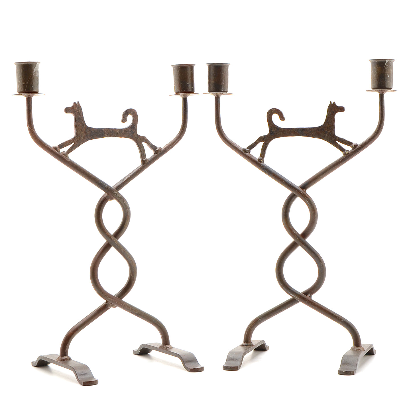 Pair of Cast Iron Candle Holders with Dog Motif
