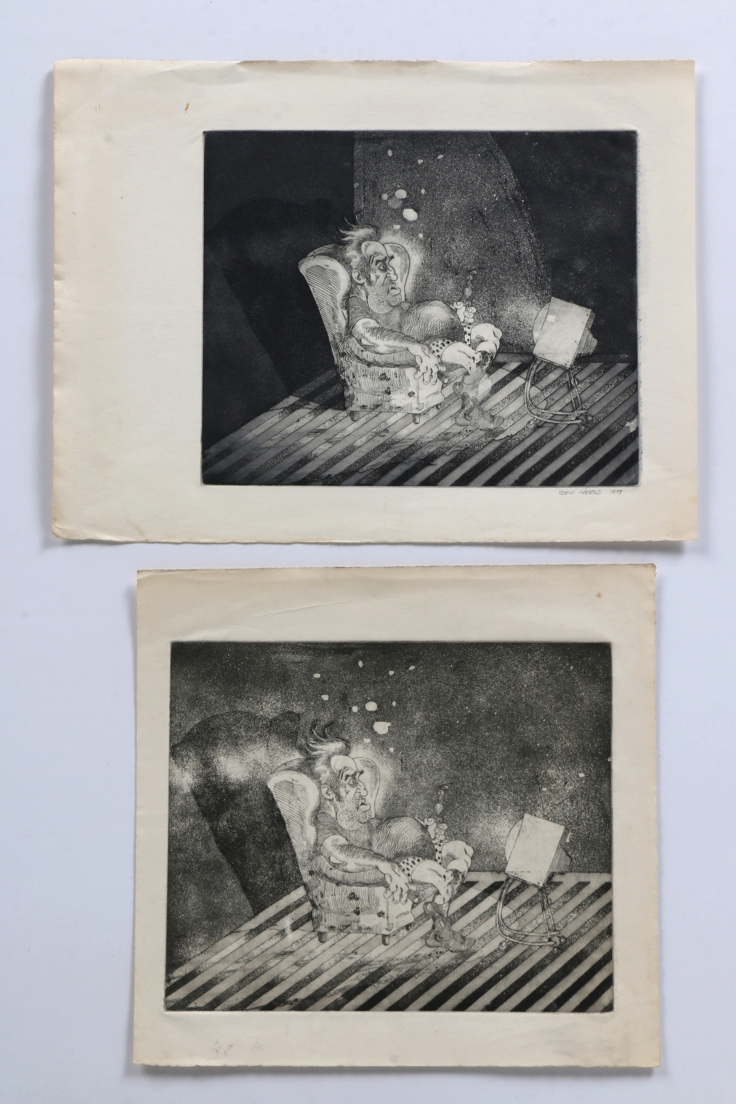 Steve Haefele Aquatints of a Man Watching Television