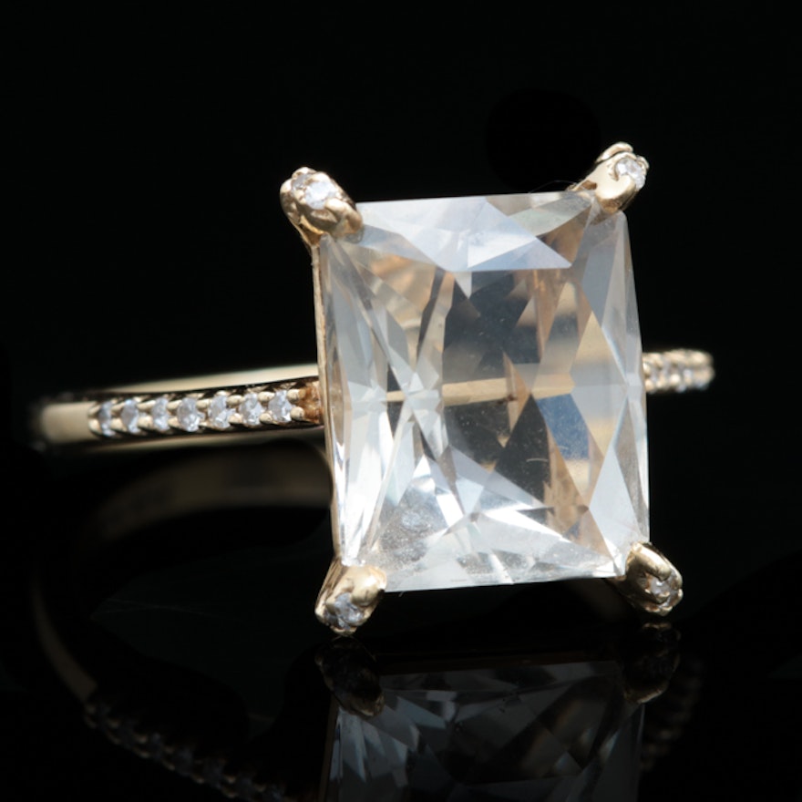 14K Gold, White Quartz and Diamond Ring