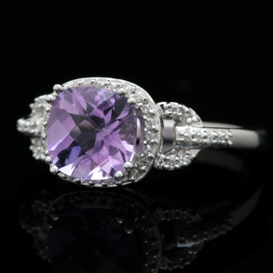 10K White Gold, Amethyst and Diamond Ring