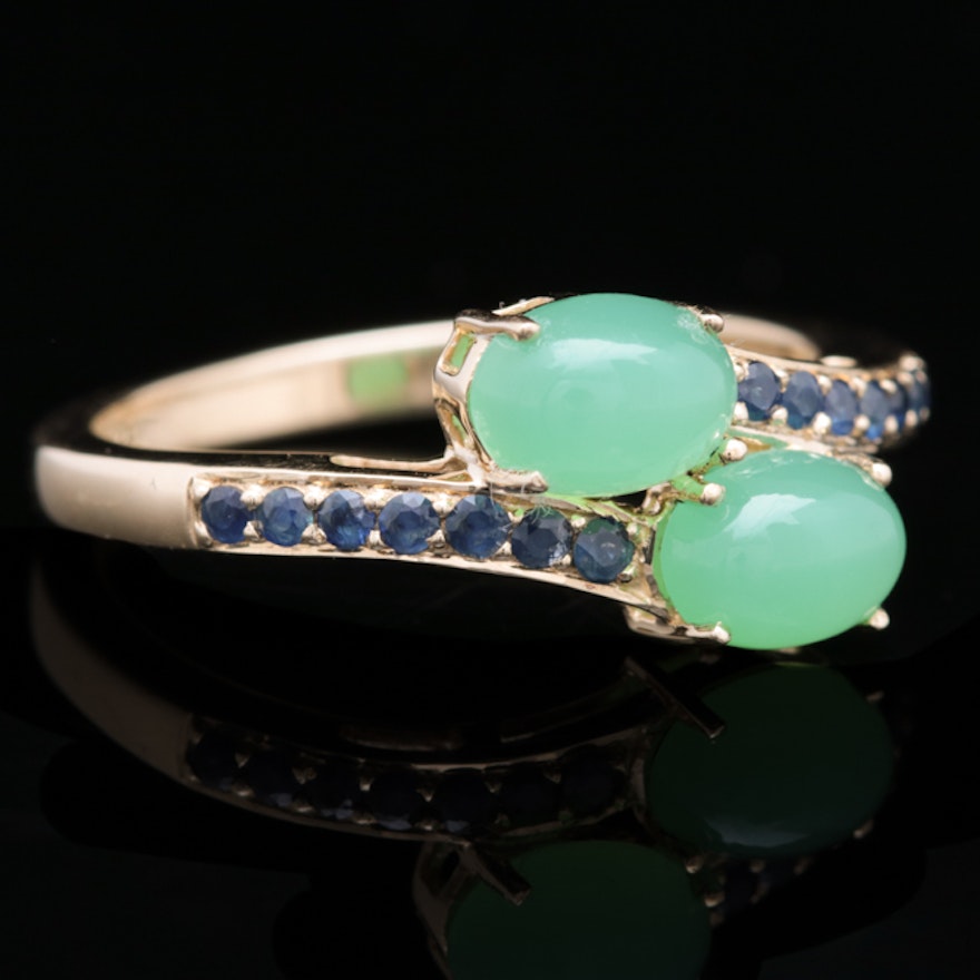 14K Gold, Chrysoprase and Blue Sapphire Ring