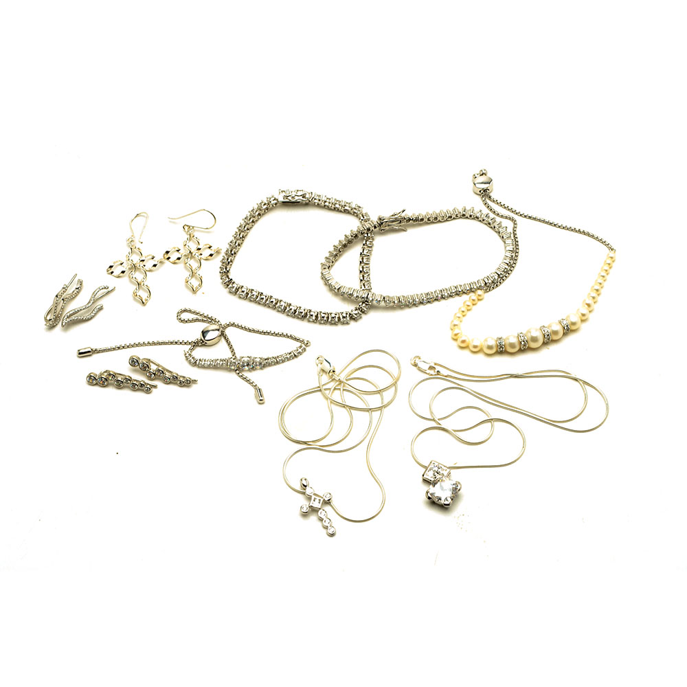 Sterling Silver Jewelry with Cubic Zirconia and Faux Pearls