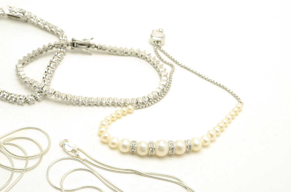 Sterling Silver Jewelry with Cubic Zirconia and Faux Pearls