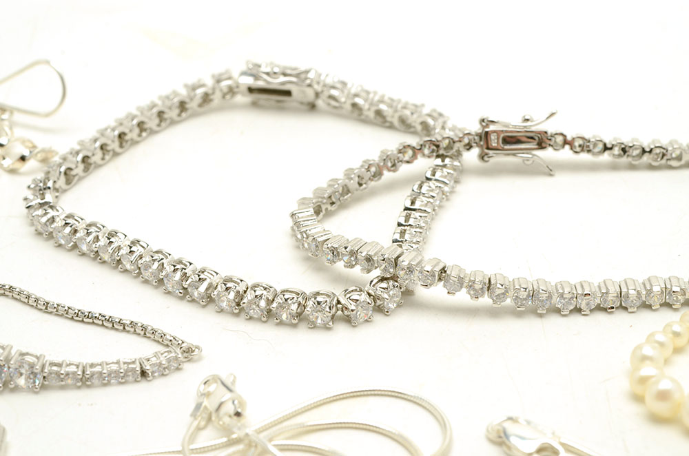 Sterling Silver Jewelry with Cubic Zirconia and Faux Pearls