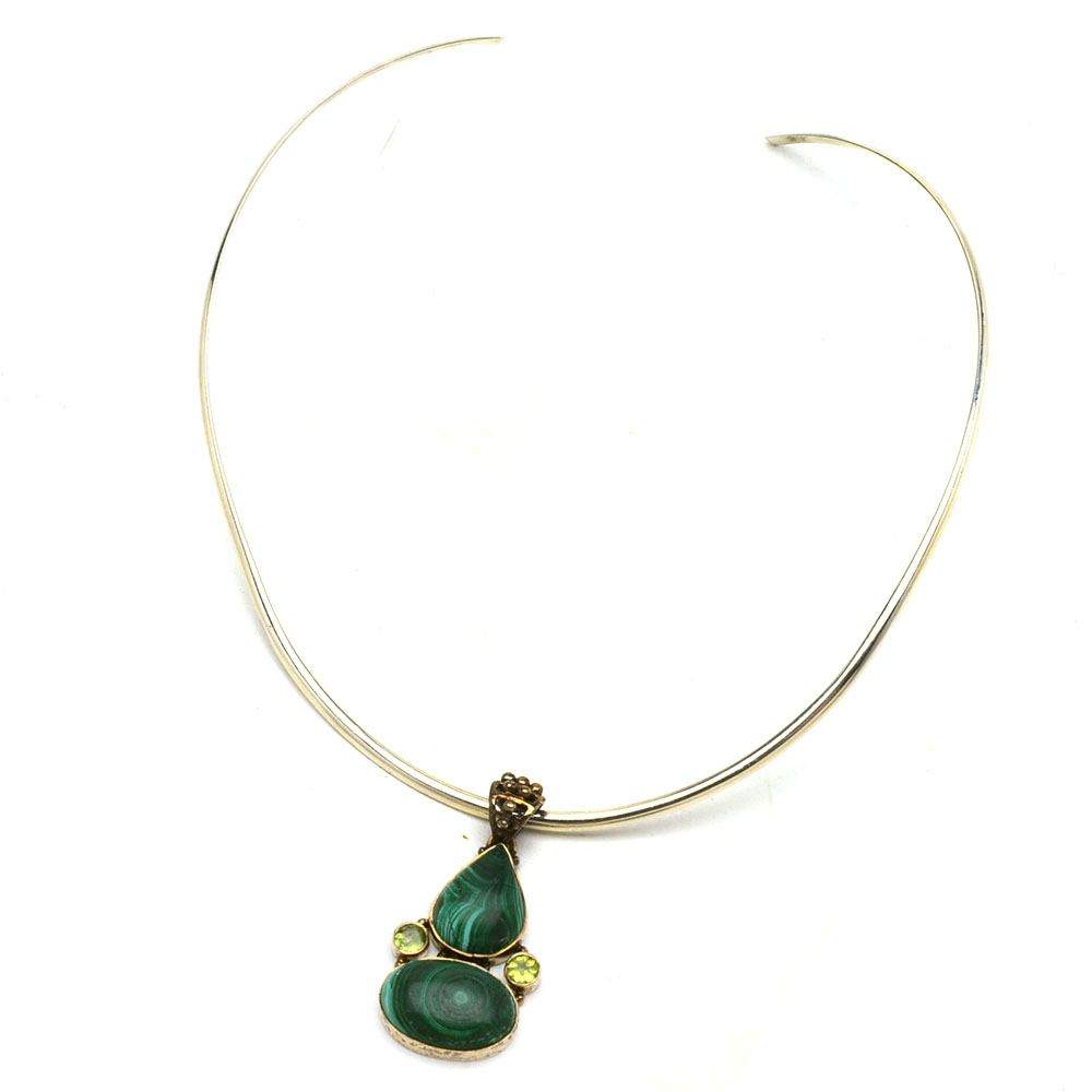 Sterling Collar Necklace with Malachite Pendant
