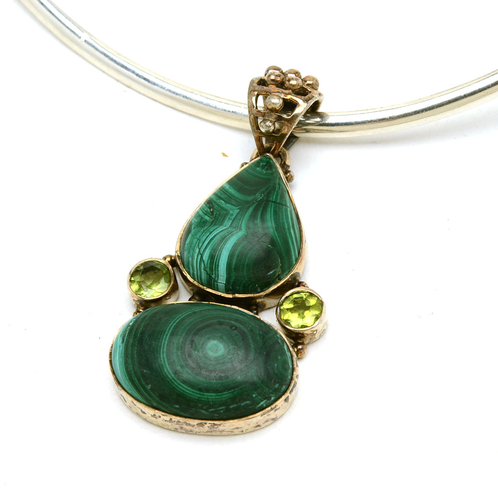 Sterling Collar Necklace with Malachite Pendant