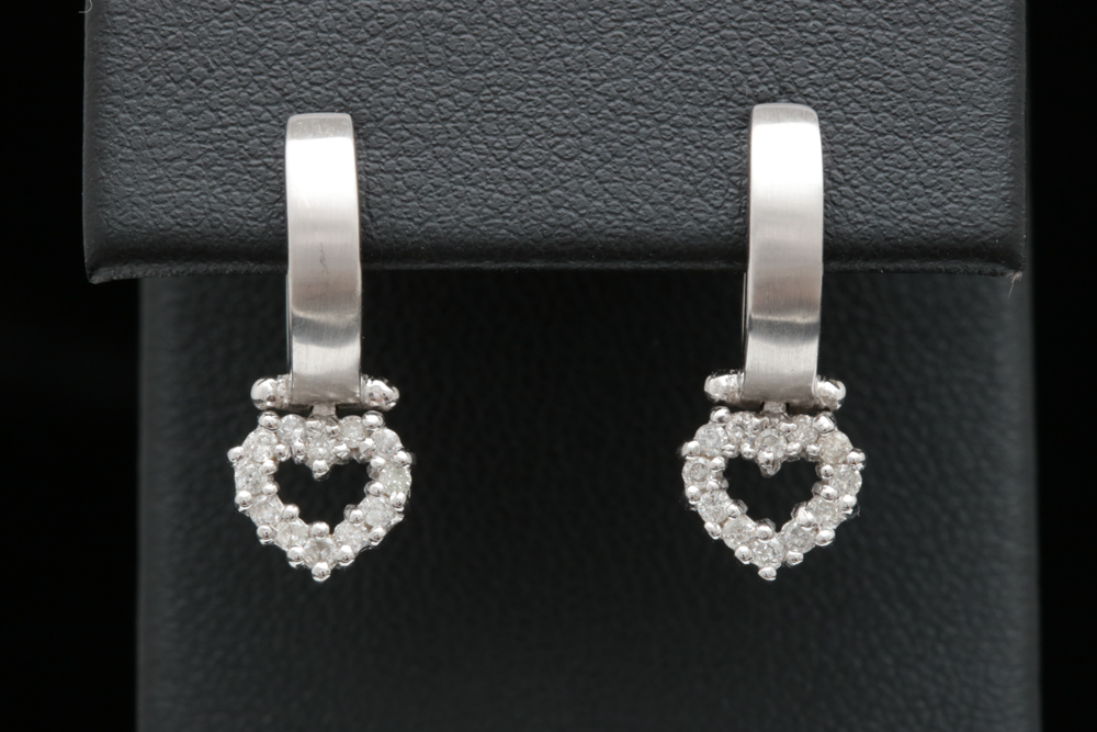 14K White Gold and Diamond Heart Earrings
