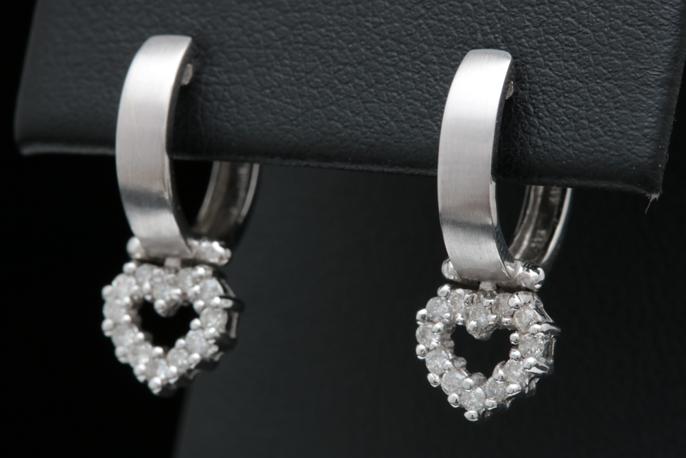 14K White Gold and Diamond Heart Earrings