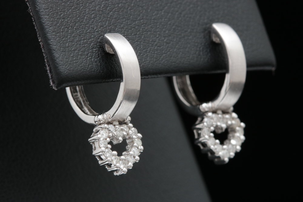 14K White Gold and Diamond Heart Earrings