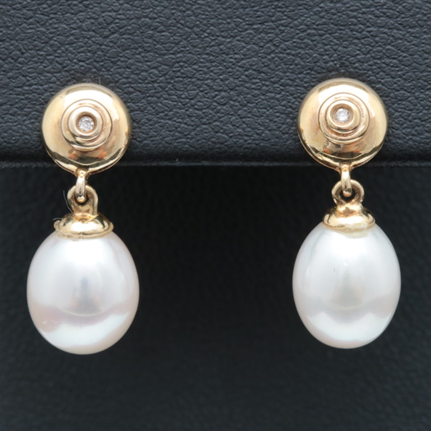 14K Gold, Fresh Water Pearl and Diamond Earrings