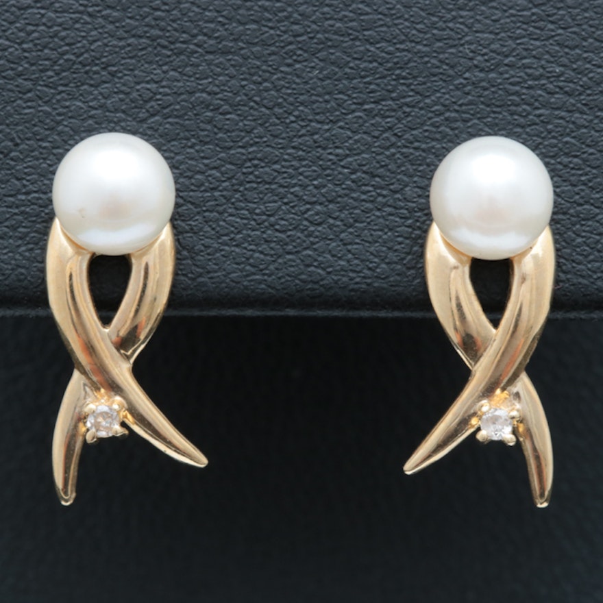 14K Gold, Pearl and Diamond Earrings