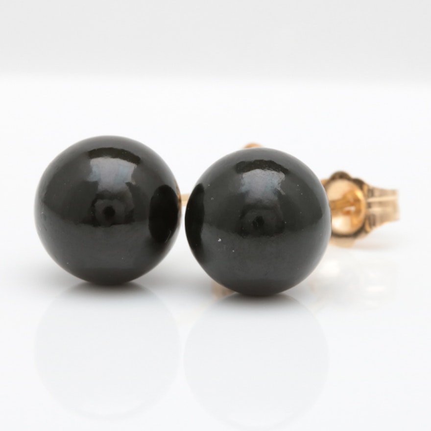 14K Gold and Black Jade Stud Earrings