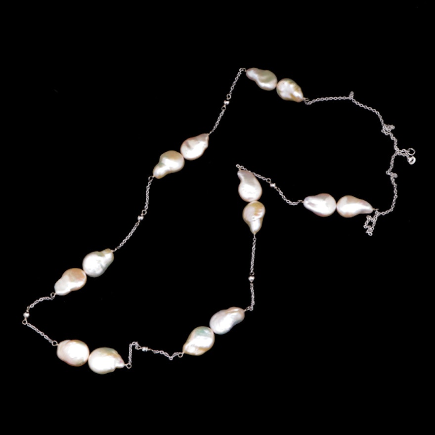 14K White Gold and Baroque Pearl Necklace
