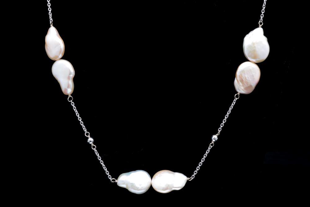 14K White Gold and Baroque Pearl Necklace