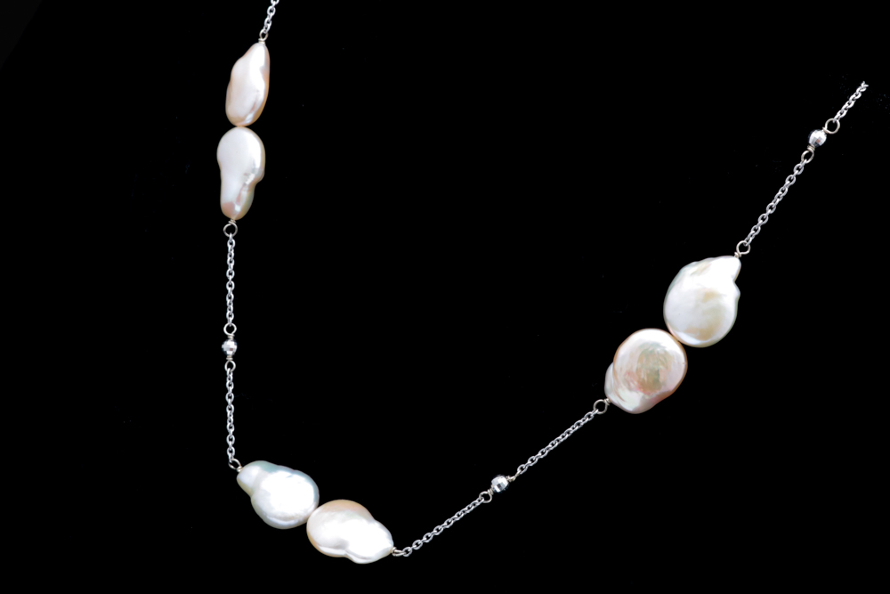 14K White Gold and Baroque Pearl Necklace