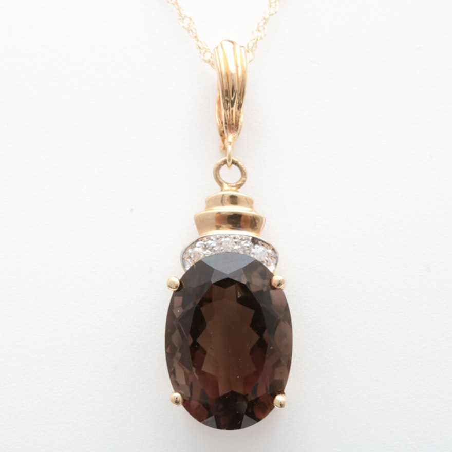 14K Two-Tone Gold, Smoky Quartz and Diamond Pendant with Chain