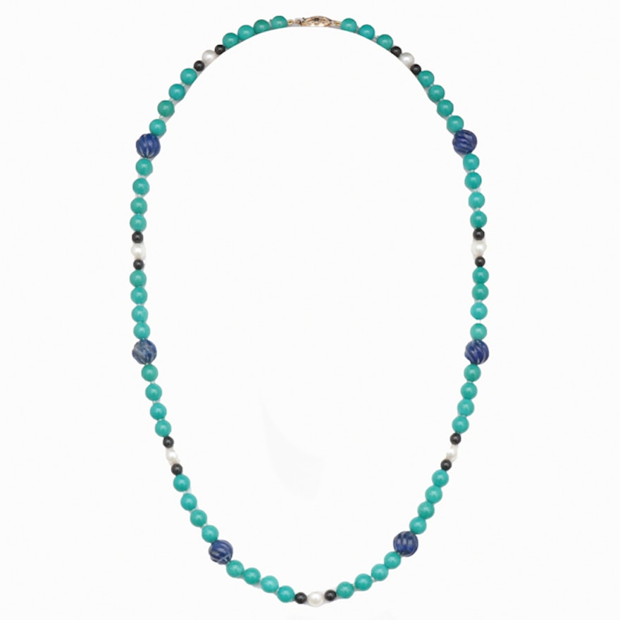 14K Gold, Lapis Lazuli, Turquoise, Chalcedony, and Pearl Neckace