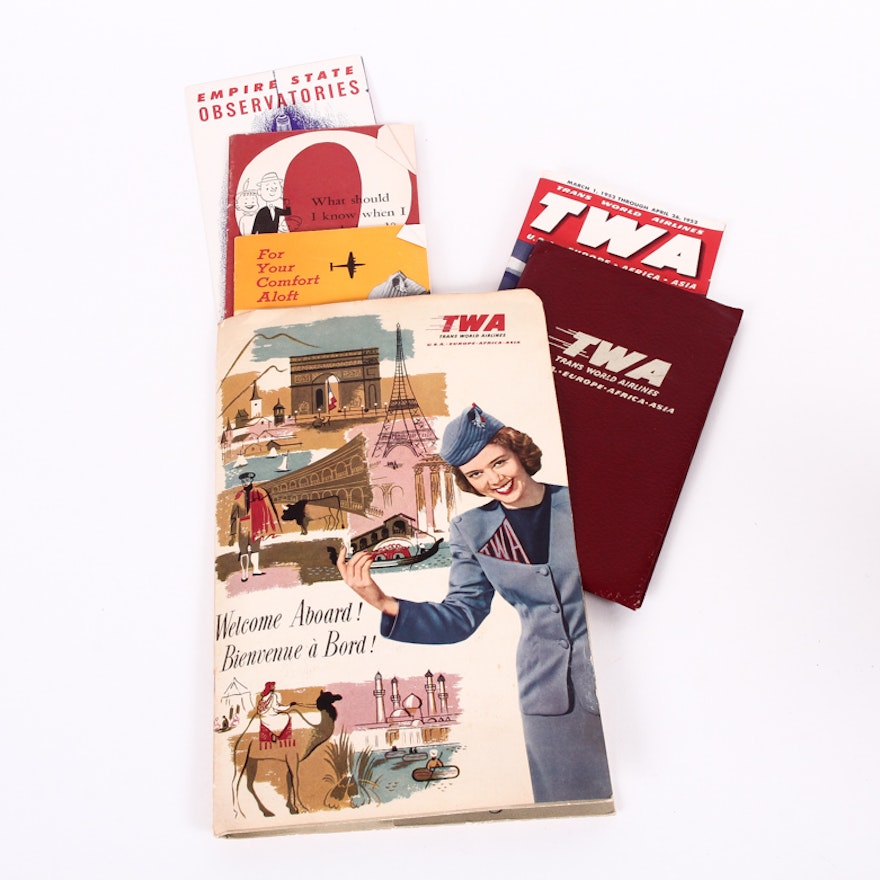 Collection of Vintage TWA Travel Brochures and Passport Case