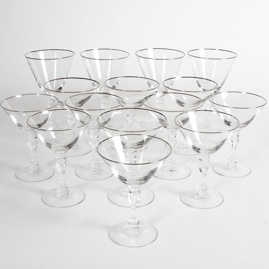 Collection of Vintage Silver Rimmed Martini and Wine Glasses