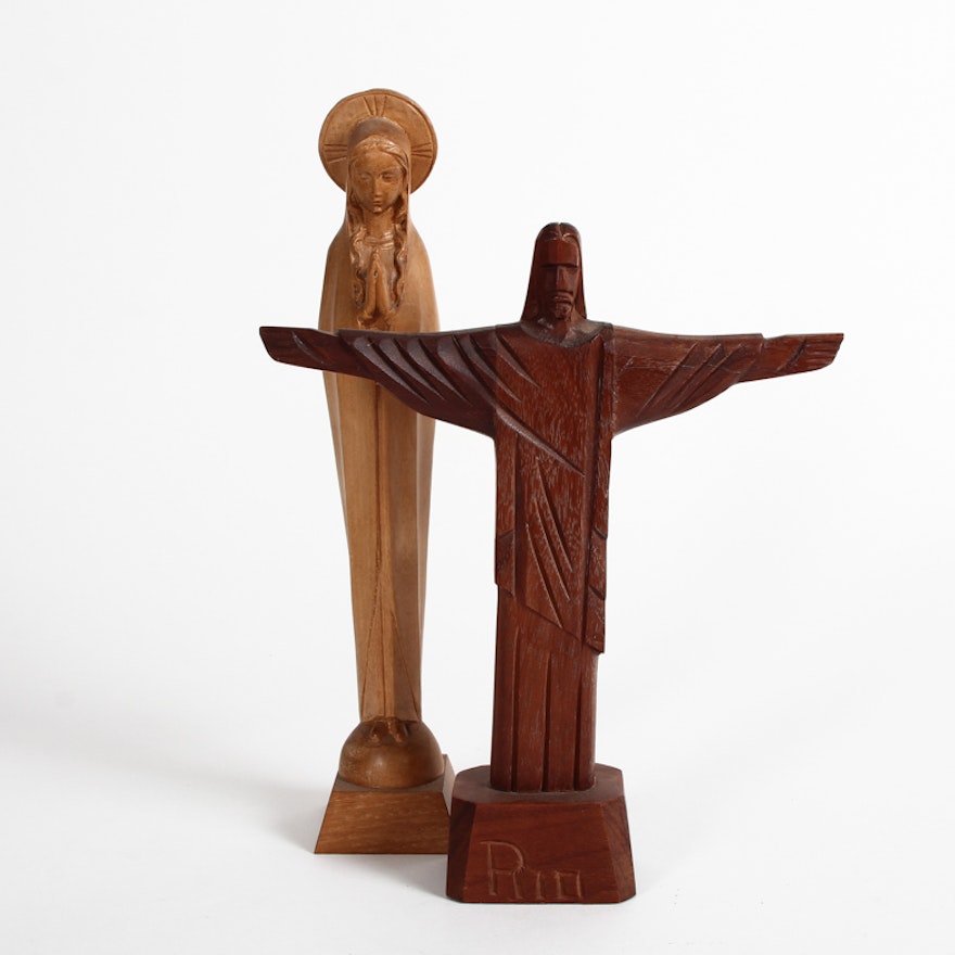 Pair of Wood Carved Figures of Jesus Christ and Mary