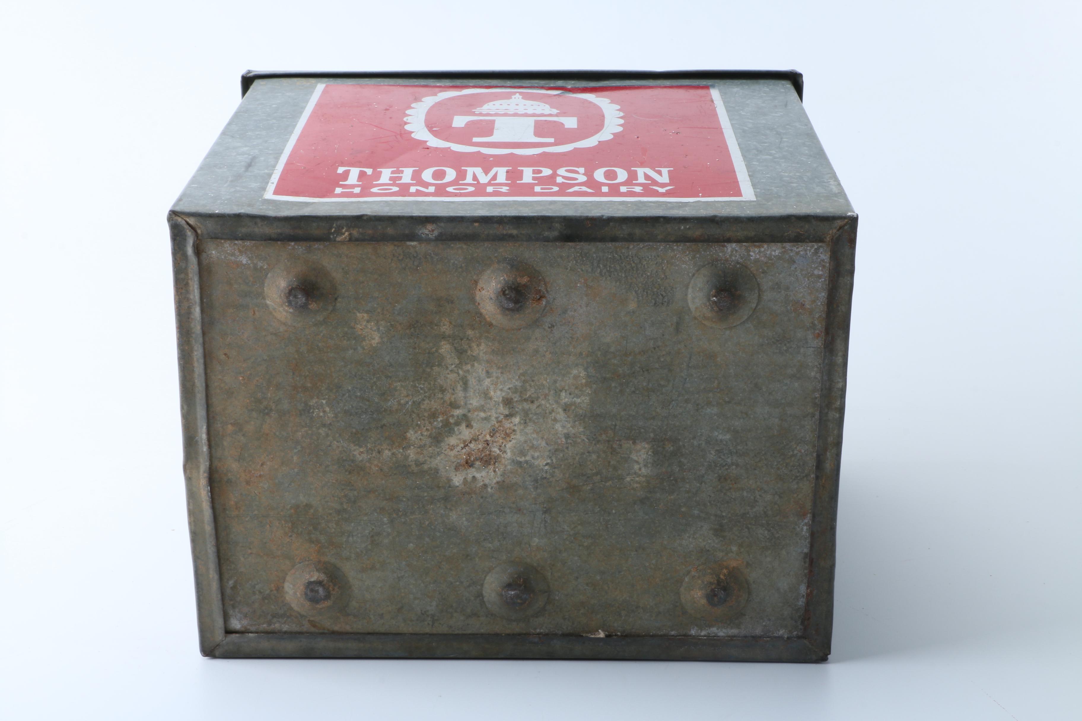 Thompson Honor Dairy Galvanized Milk Box and Seventeen Glass Bottles