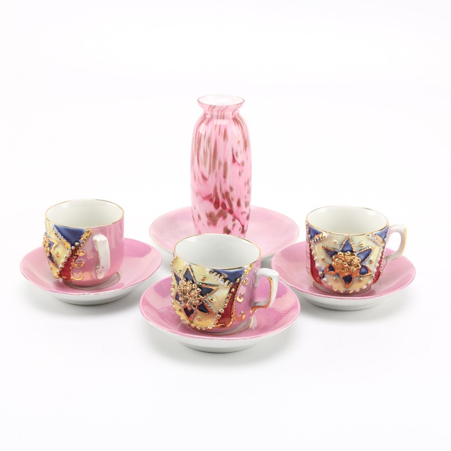 German Pink Lusterware Demitasse Cups With Glass Vase