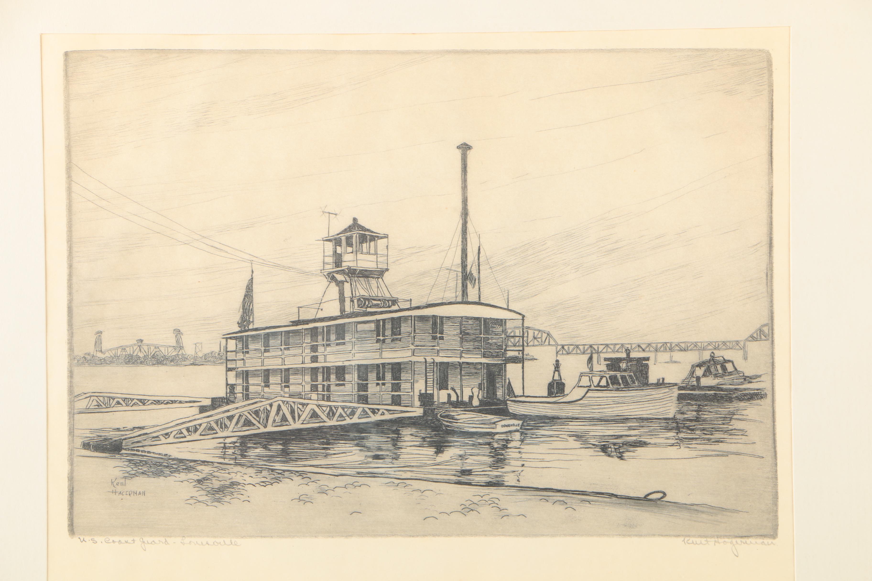 Kent Hagerman Etchings "US Coast Guard - Louisville" and "Kentucky Tobacco Auction"