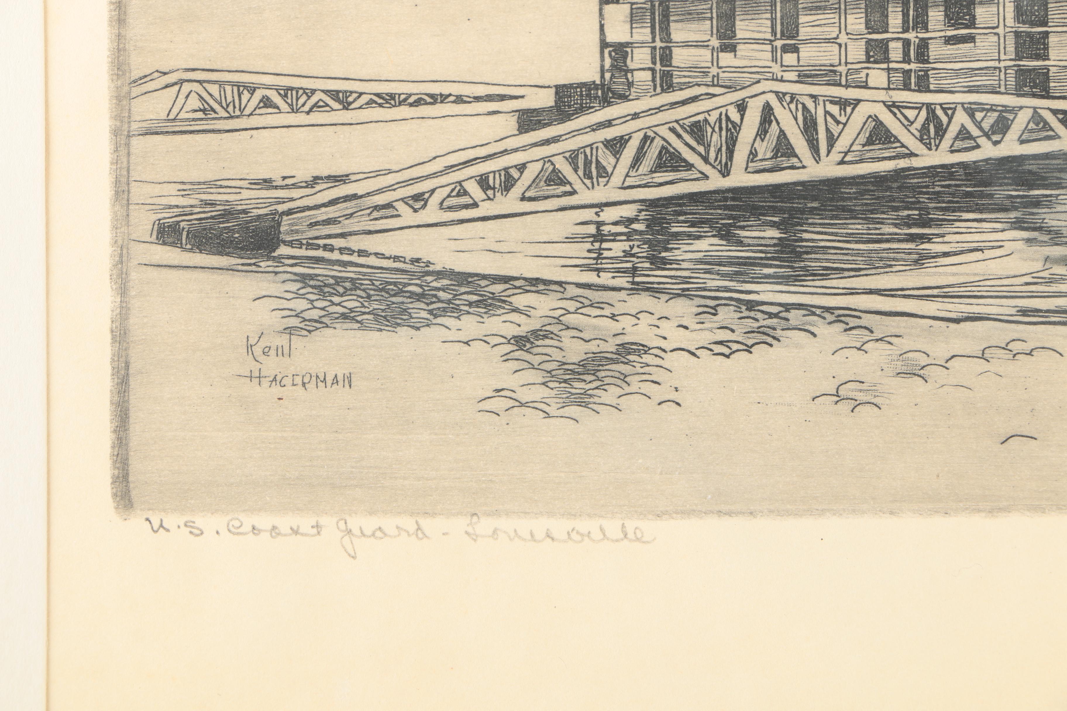 Kent Hagerman Etchings "US Coast Guard - Louisville" and "Kentucky Tobacco Auction"