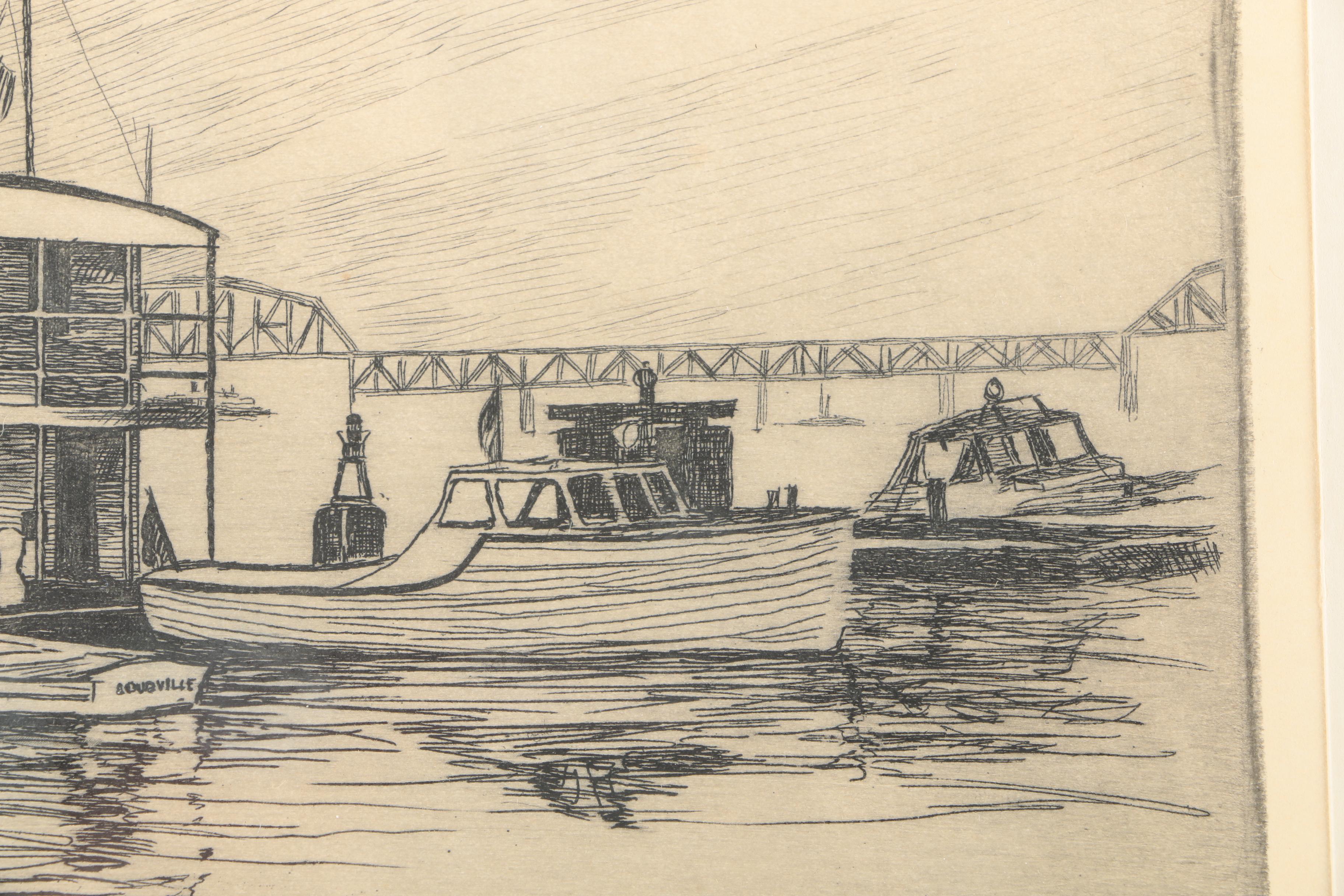 Kent Hagerman Etchings "US Coast Guard - Louisville" and "Kentucky Tobacco Auction"