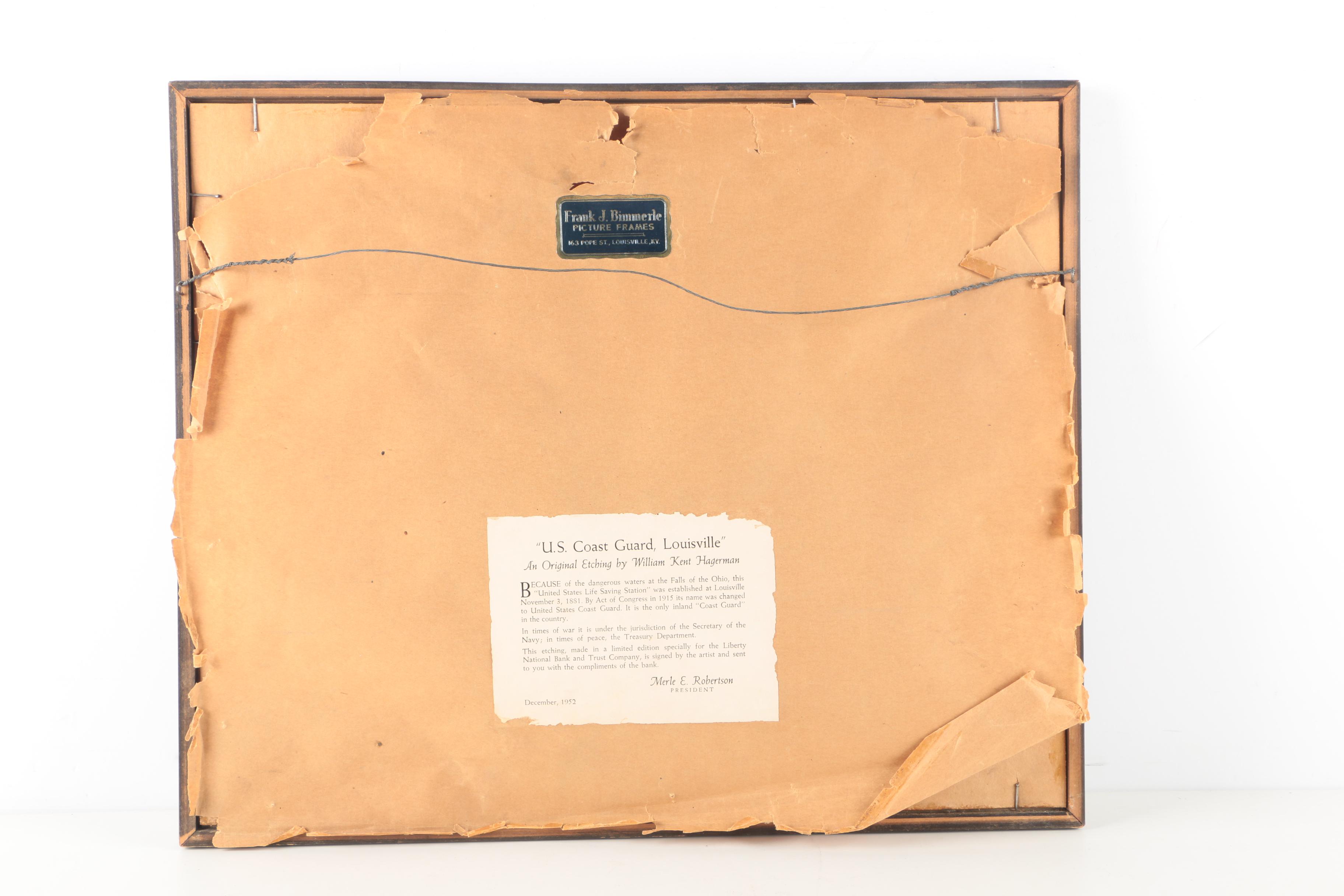 Kent Hagerman Etchings "US Coast Guard - Louisville" and "Kentucky Tobacco Auction"