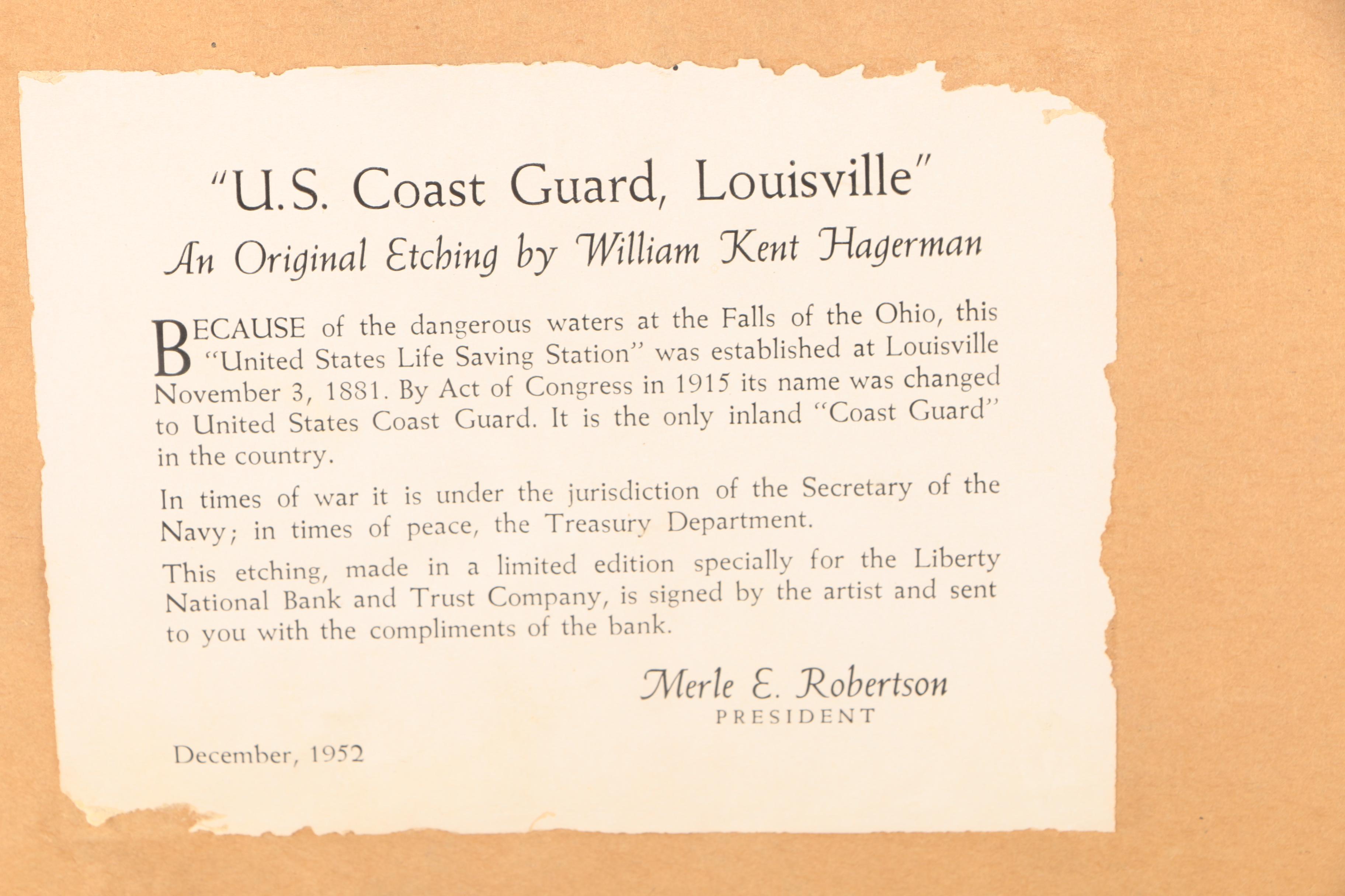 Kent Hagerman Etchings "US Coast Guard - Louisville" and "Kentucky Tobacco Auction"