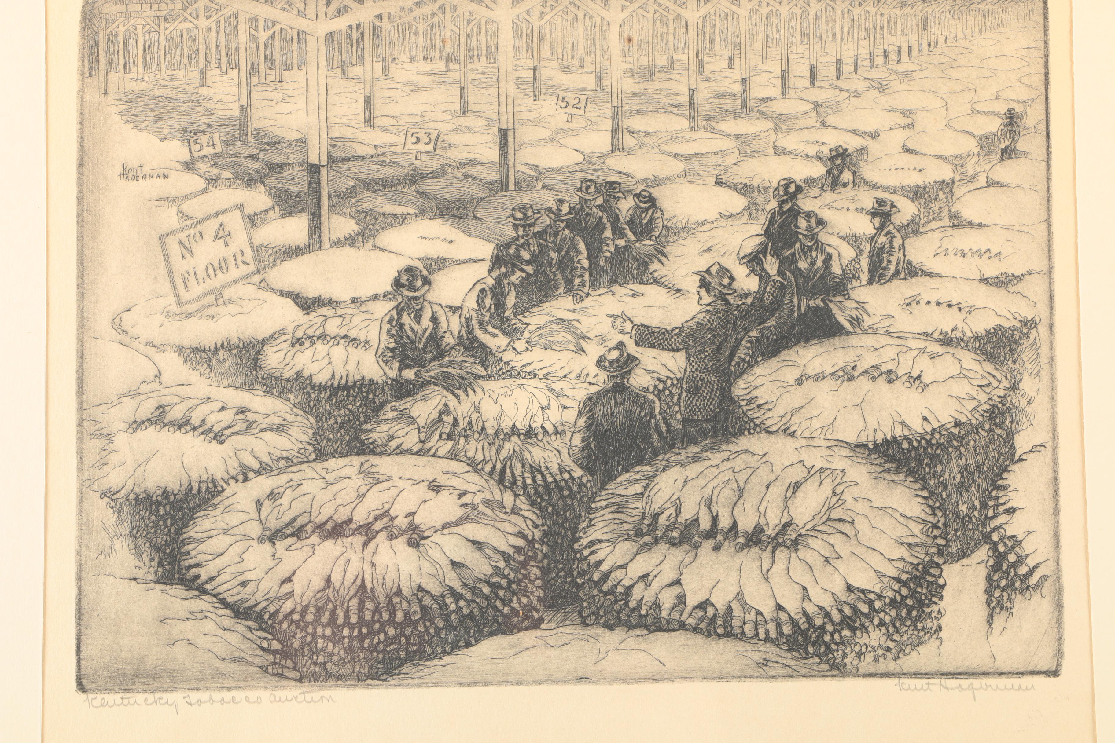 Kent Hagerman Etchings "US Coast Guard - Louisville" and "Kentucky Tobacco Auction"