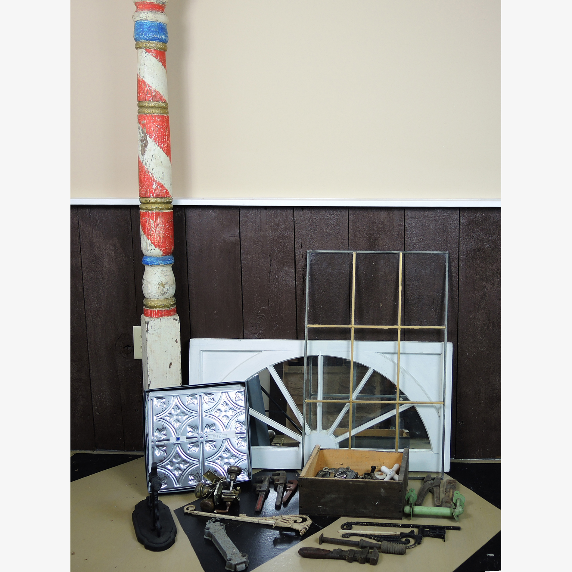 Architectural Salvage Windows, Wood Barber Style Pole, Tin Tiles, Antique Hardware and Tools