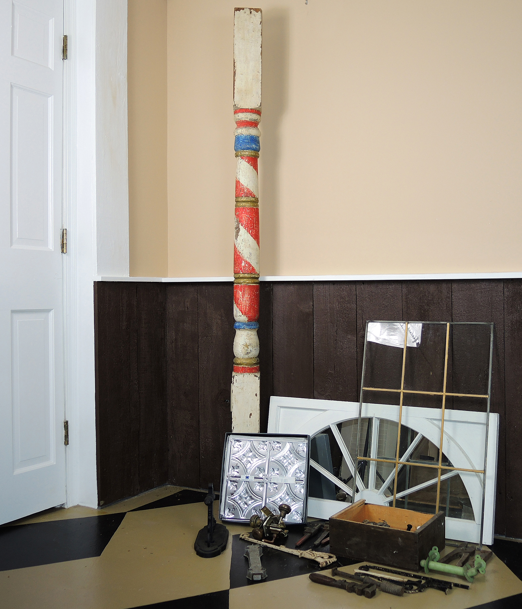 Architectural Salvage Windows, Wood Barber Style Pole, Tin Tiles, Antique Hardware and Tools