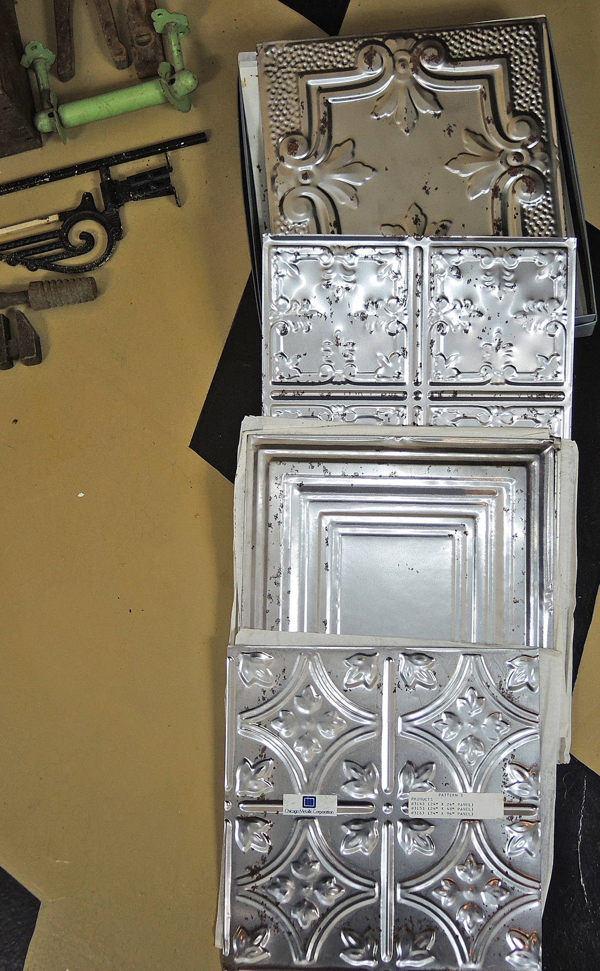 Architectural Salvage Windows, Wood Barber Style Pole, Tin Tiles, Antique Hardware and Tools