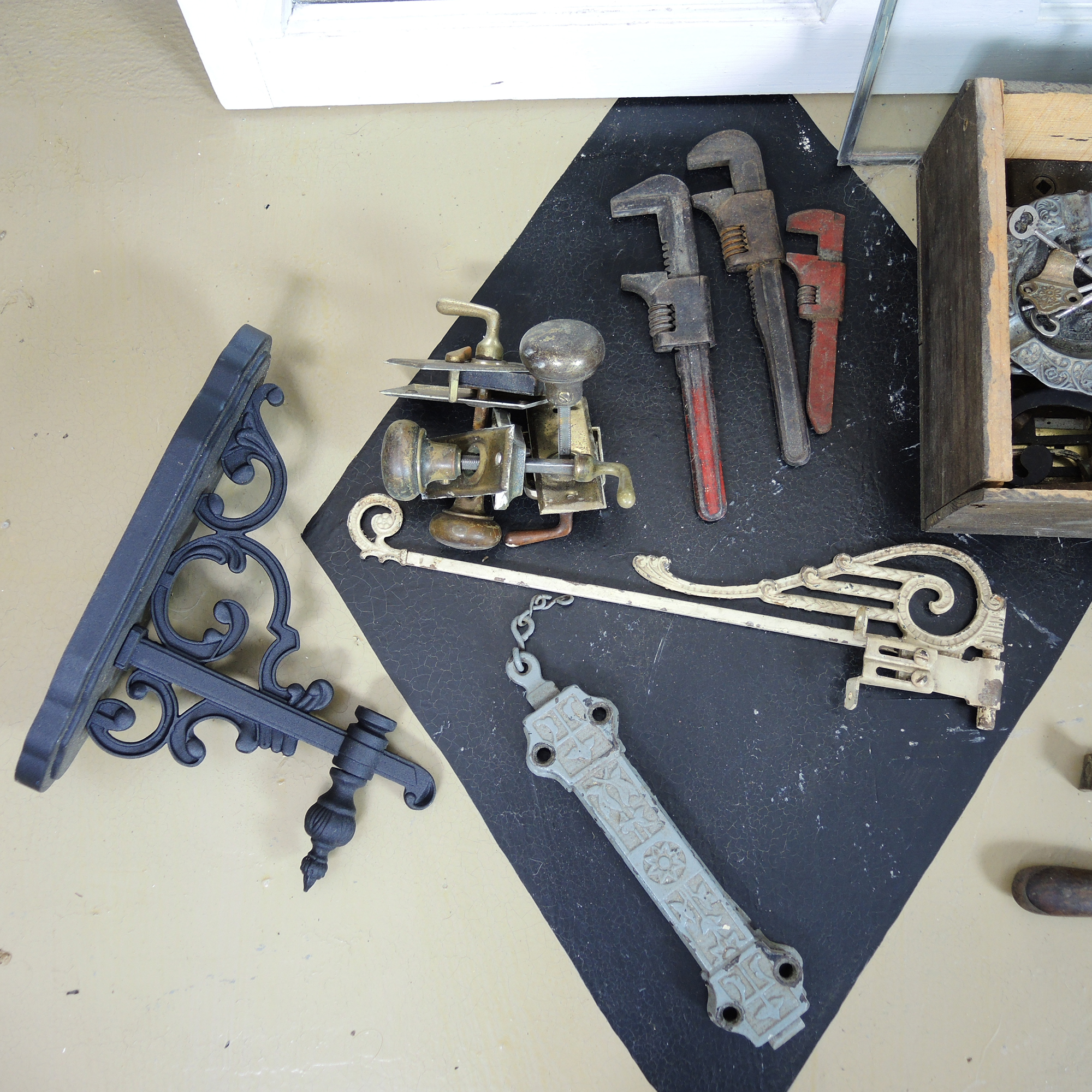 Architectural Salvage Windows, Wood Barber Style Pole, Tin Tiles, Antique Hardware and Tools