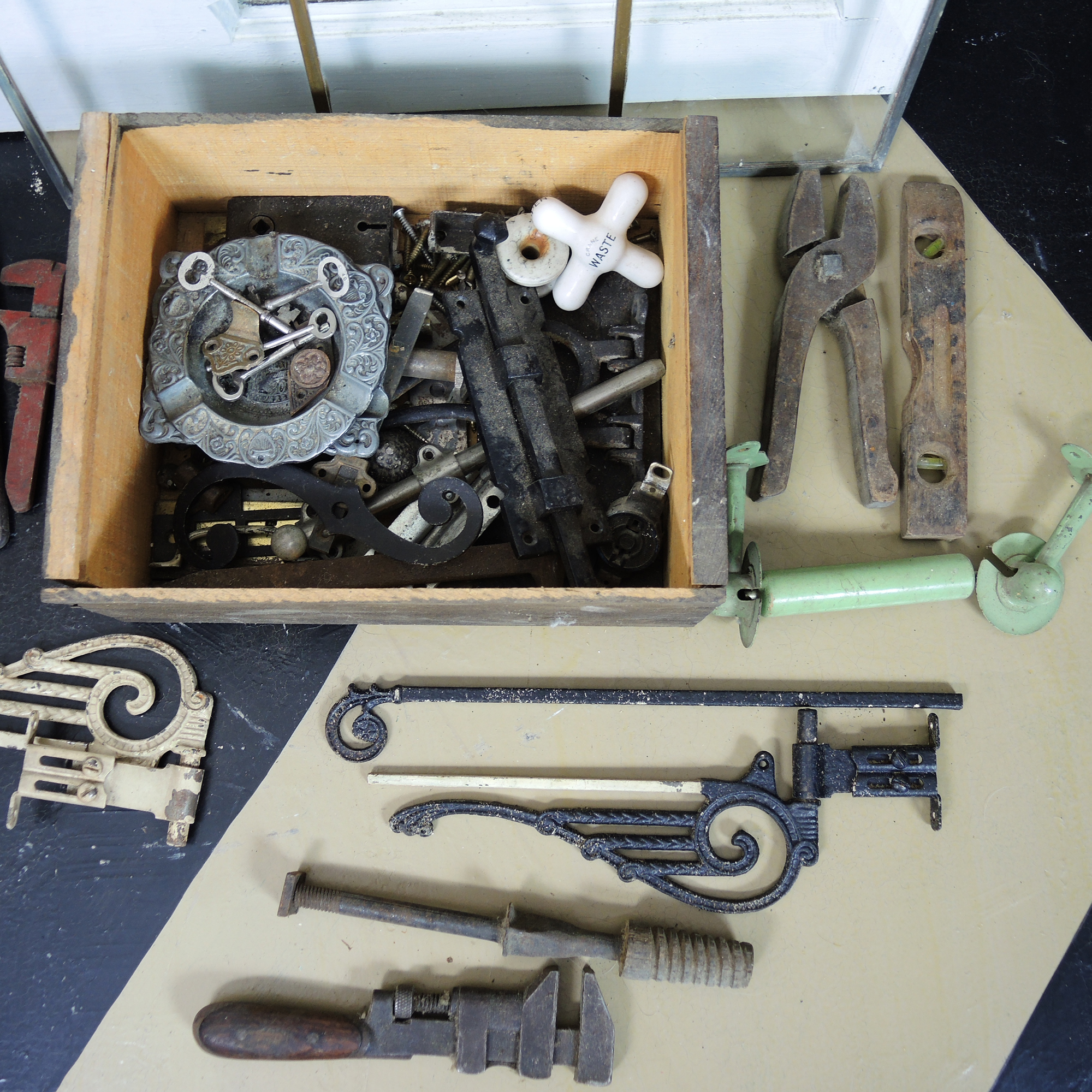 Architectural Salvage Windows, Wood Barber Style Pole, Tin Tiles, Antique Hardware and Tools