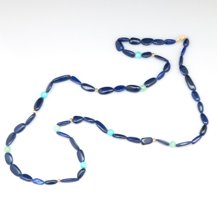 14K Gold, Lapis Lazuli, Jade and Turquoise Necklace