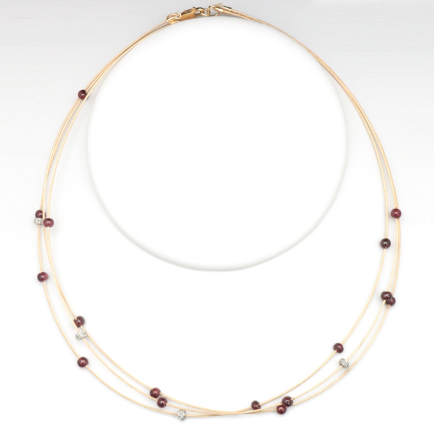 14K Gold, Diamond and Garnet Beaded Necklace