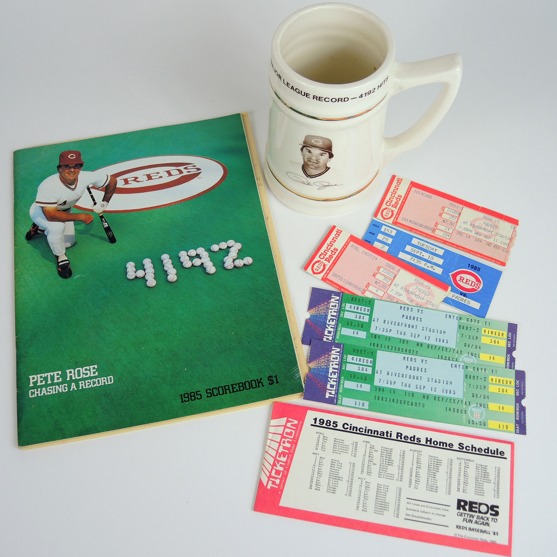 1985 Reds "4192" Program, Game Tickets and Mug