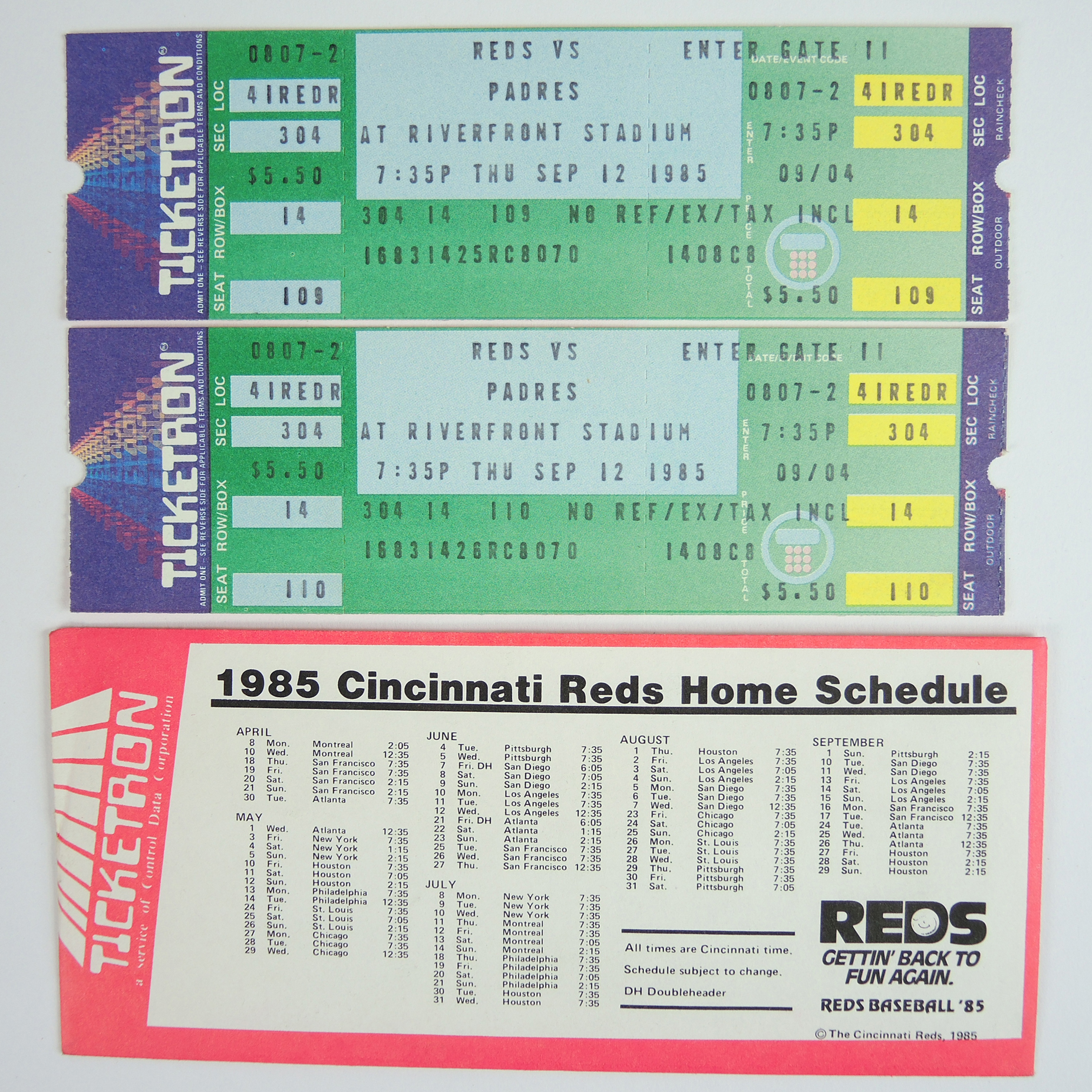 1985 Reds "4192" Program, Game Tickets and Mug